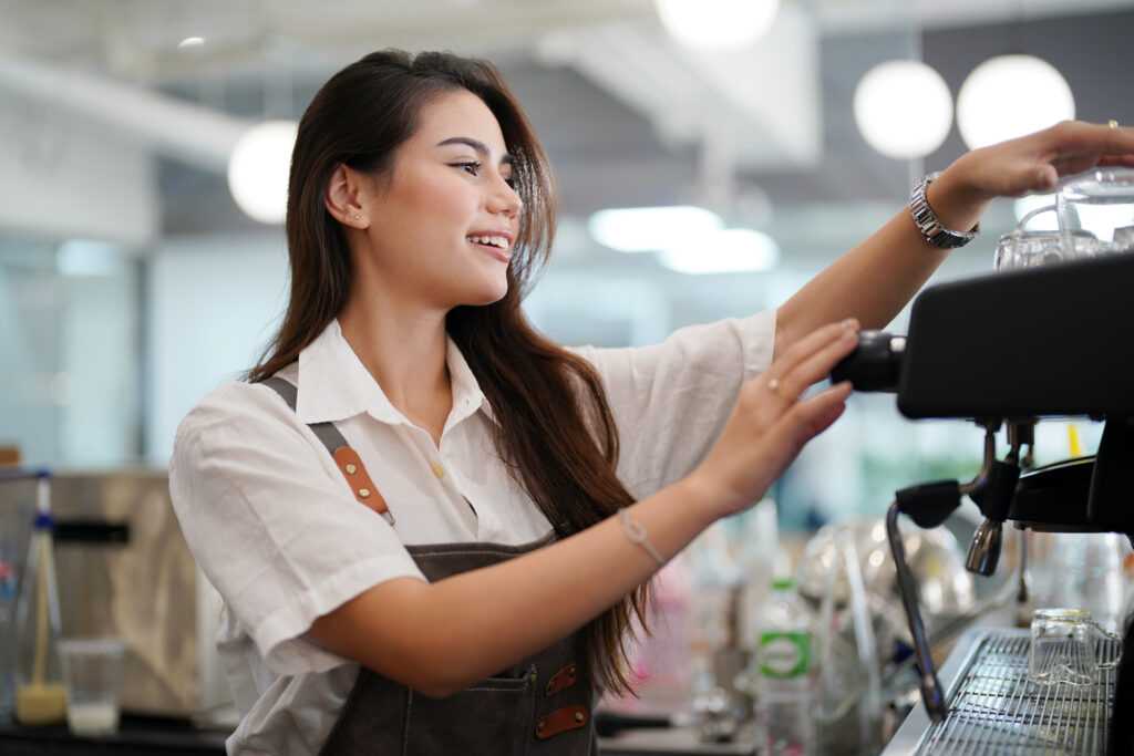 portrait of a happy waitress standing at restauran 2023 11 27 05 16 00 utc